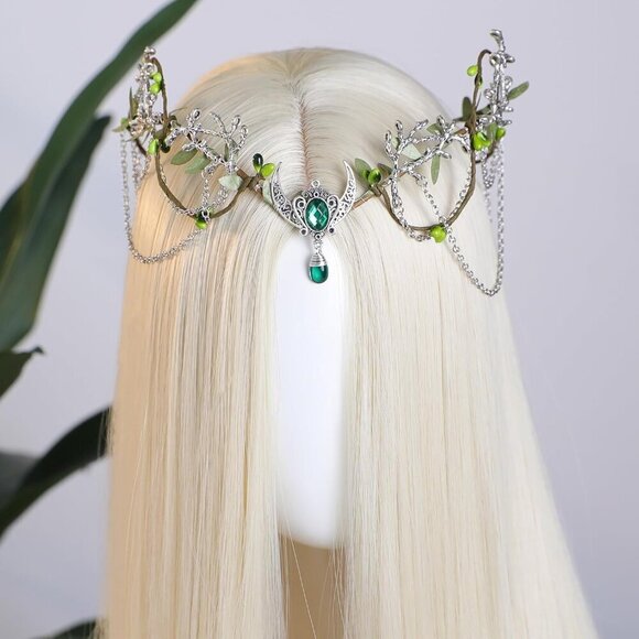 Woodland Fairy Headpiece for Women Green Elf Crown Tassel Medieval Costume main image 5